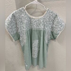 Striped Green and White embroidered Mexican style blouse